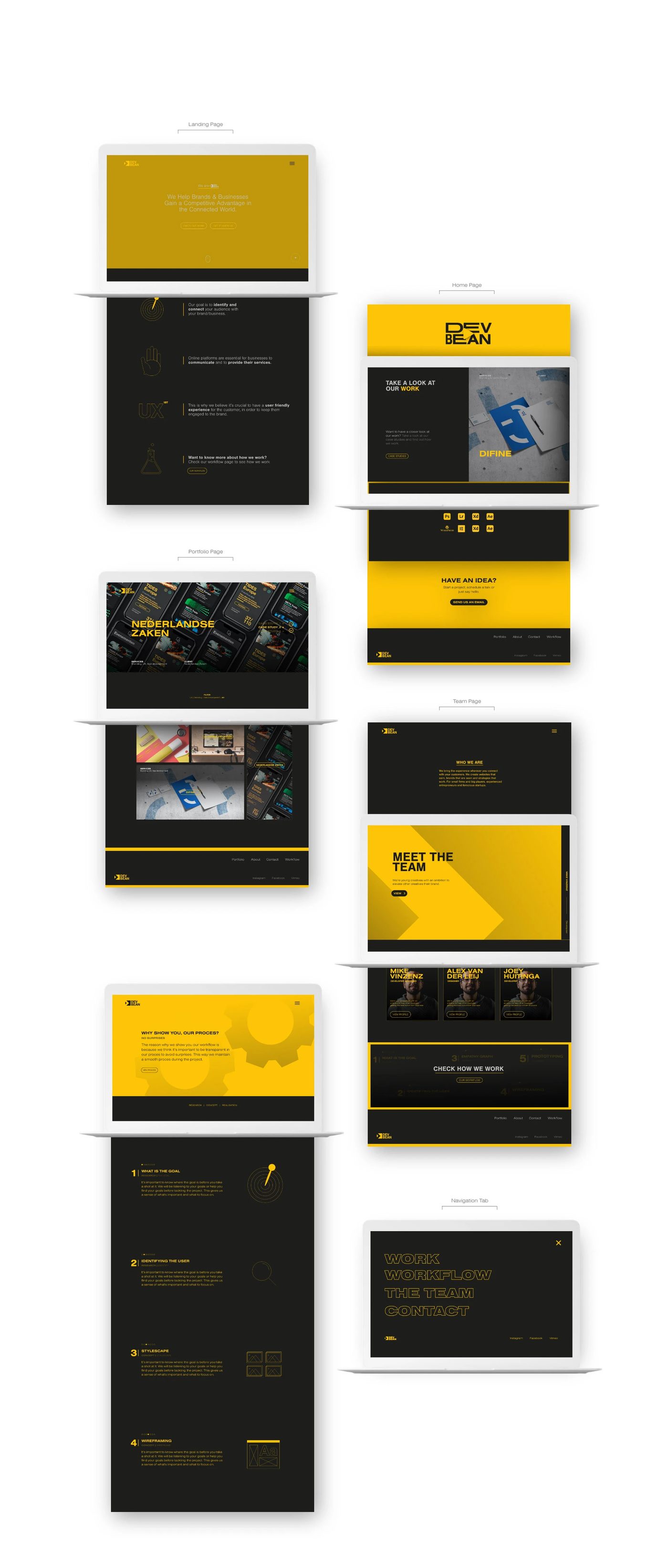 Final prototype designs for every page of the DevBean website