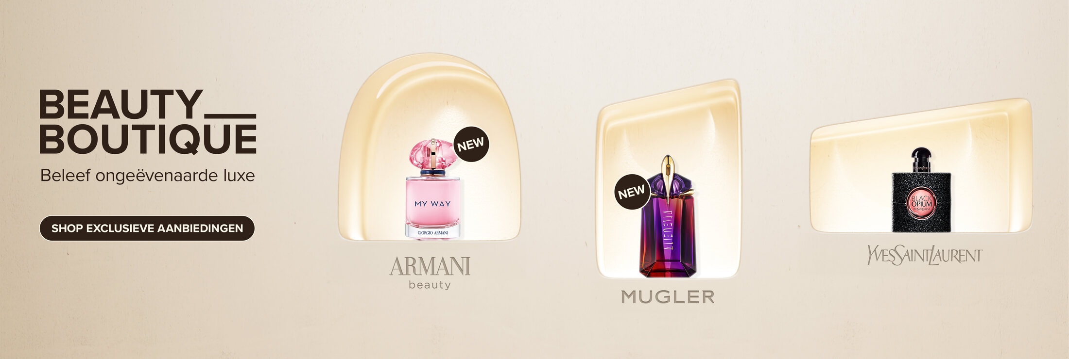Fragrance banner with Armani My Way, Mugler Alien Hypersense and YSL Black Opium in glowing niches