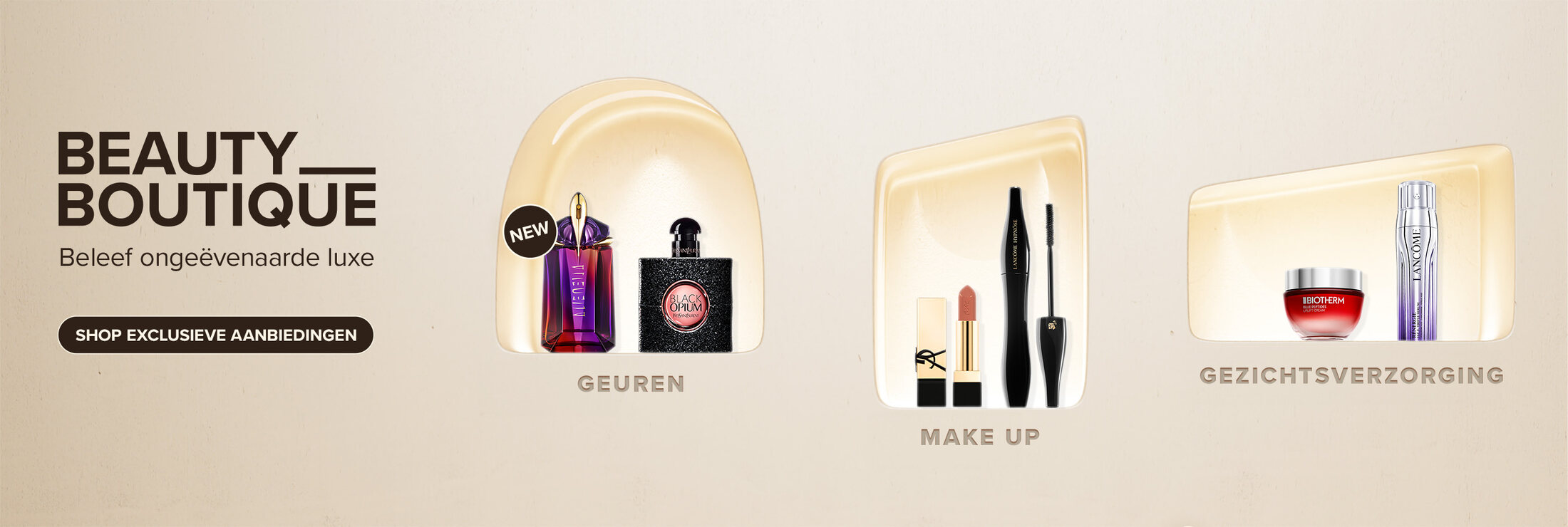 Beauty Boutique hero banner with three illuminated display niches for fragrance, make-up and skincare