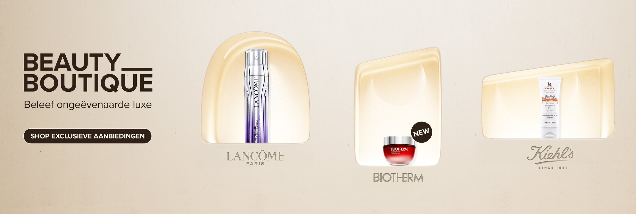 Skincare banner with Lancôme Rénergie serum, Biotherm Blue Peptides and Kiehl's UV Defense