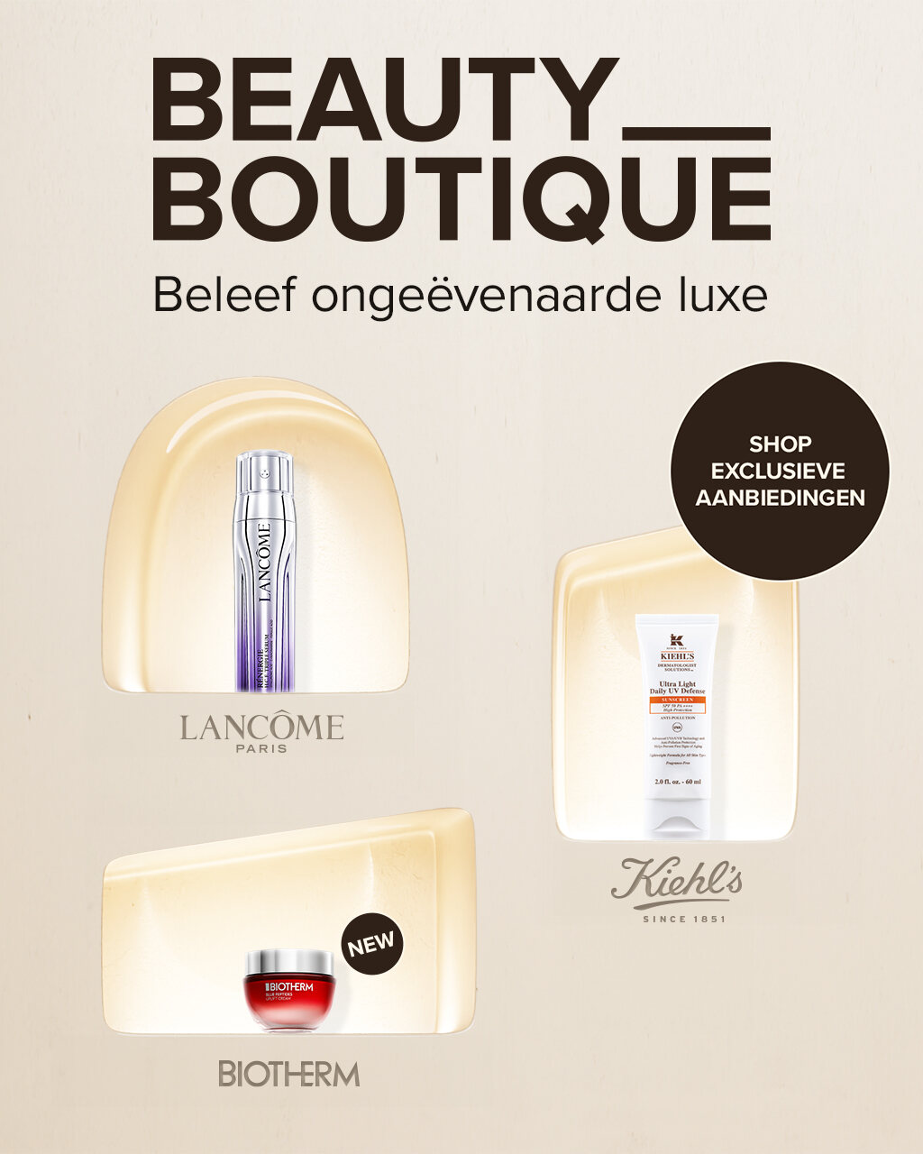 Portrait tile with Lancôme, Kiehl's and Biotherm skincare products